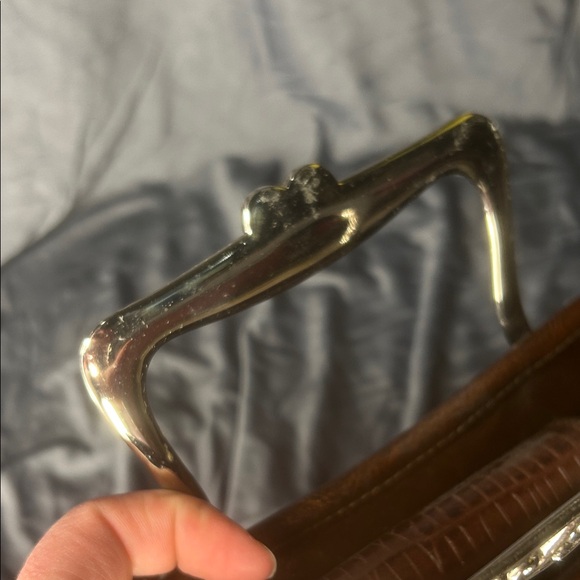 Brown Crocodile-Embossed Leather Handbag Y2K Silver Tone Details - Picture 12 of 15